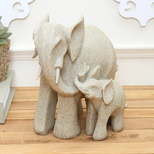 Grey Stone Dust Insightful and Perceptive Elephant and Baby Animal Figurine