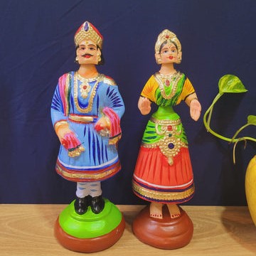 Raja Rani Dancing Doll Blue Raja & Rani With Yellow Blouse Red Skirt Thalayatti Bommai Show Piece Table Decor