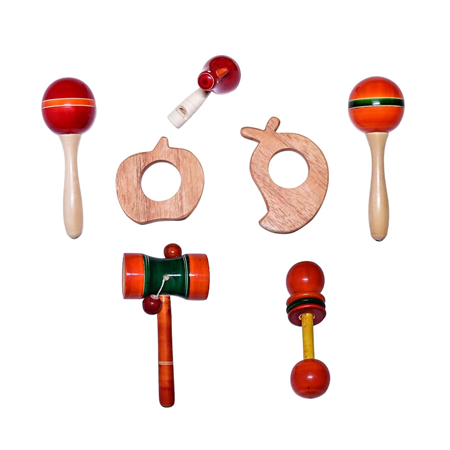 Channapatna Toys Wooden Montessori Maraca Rattles & Neem Wood Teethers, Bird Whistle Set of 7 - Colourful Rattle Toy for Baby and Kids