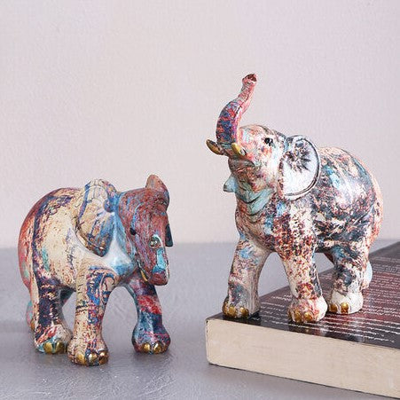 Set of Two Storytelling Elephants in Muted Bright Blue and Gold